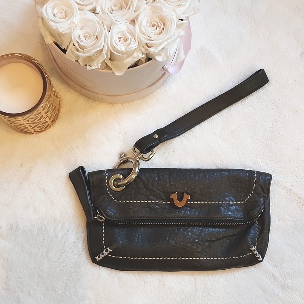 True Religion Clutch Wristlet Purse - Dark Brown / Silver